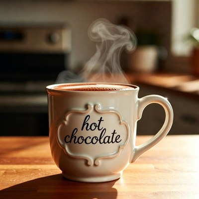 Warm hot chocolate in a cozy kitchen