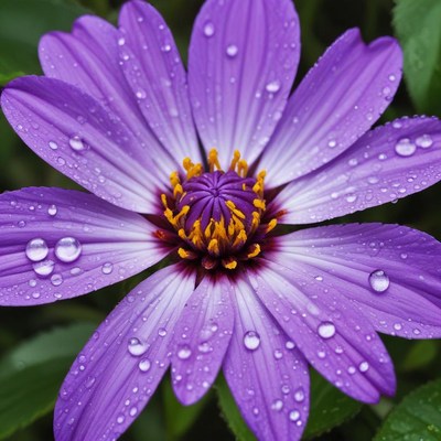 Purple flower with water droplets shining