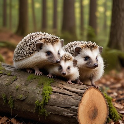 Family of hedgehogs in the forest