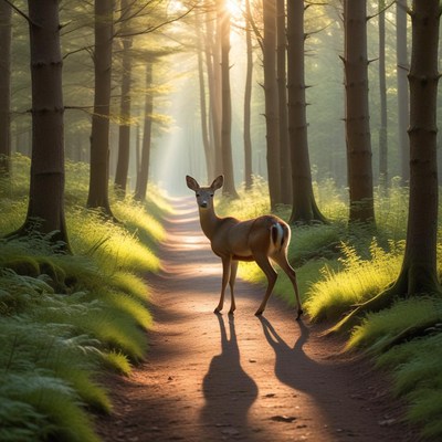 Deer in a misty forest path