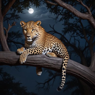 Leopard resting on tree branch at night
