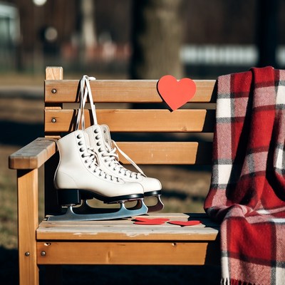 Ice skates on a park bench