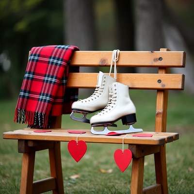 Ice skates on a park bench