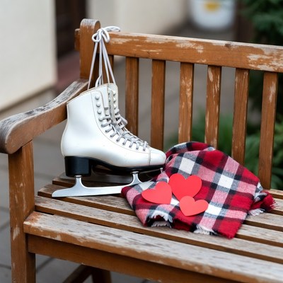 Ice skates on a cozy bench