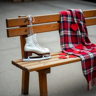 Winter ice skating scene with hearts