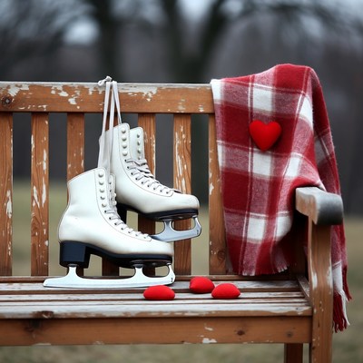 Winter ice skates on a bench