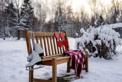 Winter bench with skates and hearts
