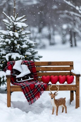 Winter scene with ice skates and deer