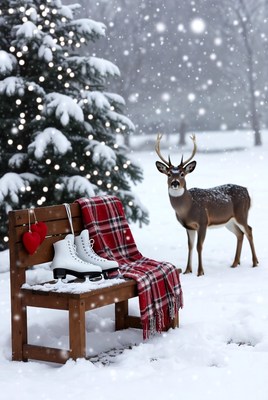 Winter scene with skating gear and deer