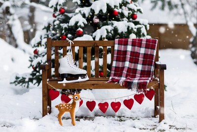 Winter skating decor by the tree
