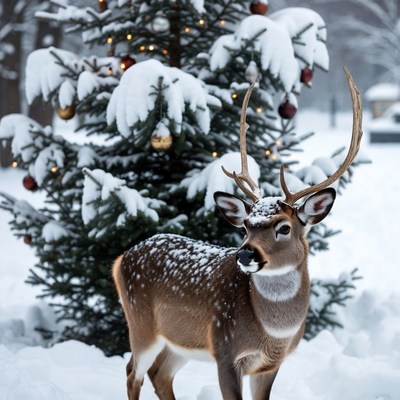 Deer near snowy christmas tree