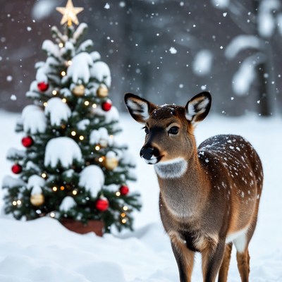 Winter deer near christmas tree