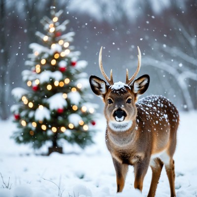Snowy deer near christmas tree