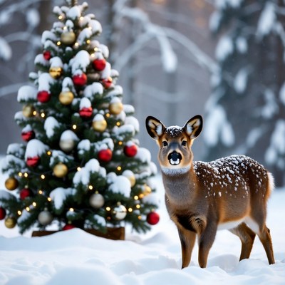 Snowy scene with deer and tree