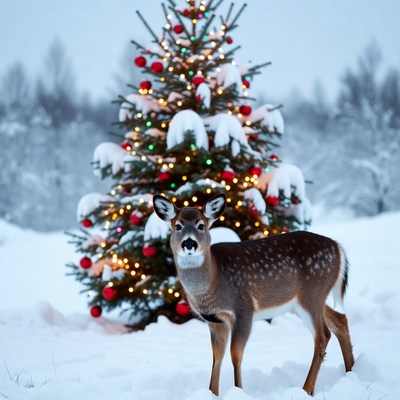 Winter wonderland with deer and tree