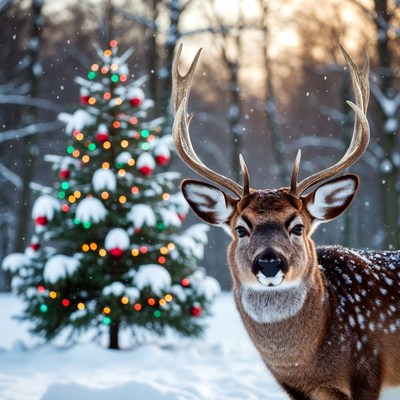 Festive deer by christmas tree