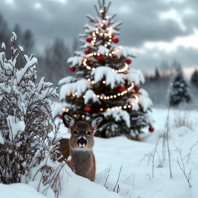 Winter deer near festive tree