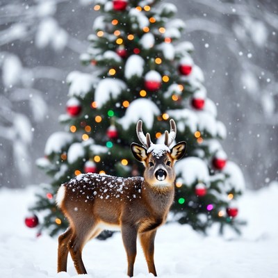 Winter deer by christmas tree