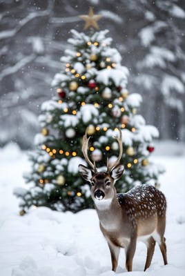 Deer in winter snow with christmas tree
