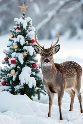 Deer by snow-covered christmas tree