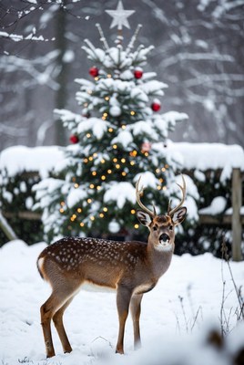 Snowy scene with deer and tree