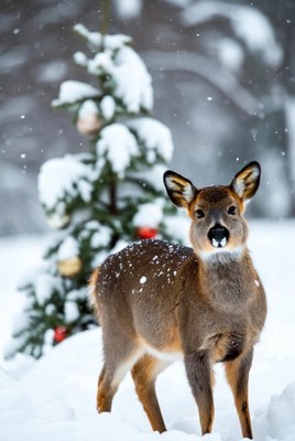 Fawn in snow with tree
