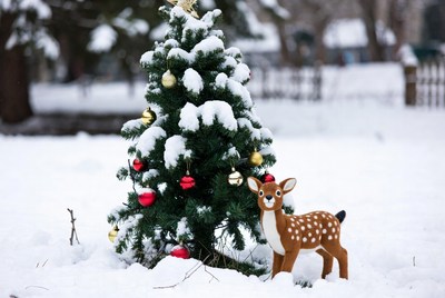 Christmas tree with deer ornament in snow