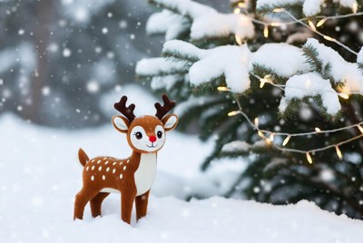 Cute reindeer toy in winter snow