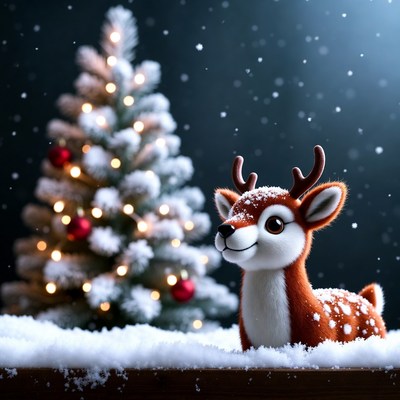 Snowy reindeer with christmas tree