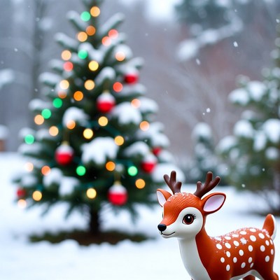 Snowy scene with deer toy and tree