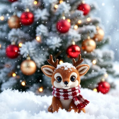 Cute reindeer toy in snowy scene