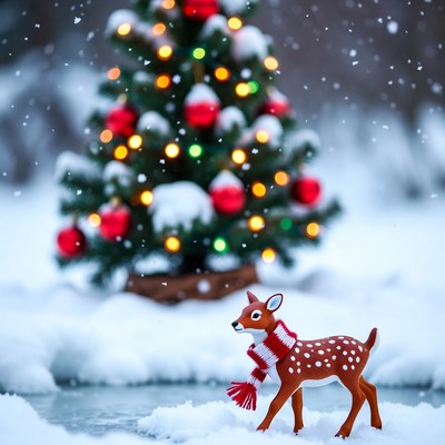 Winter scene with deer and tree