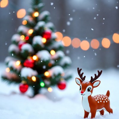 Cute reindeer near christmas tree