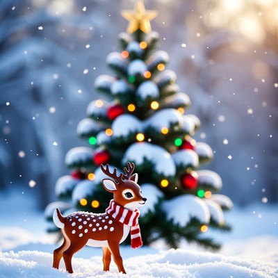 Winter scene with reindeer and christmas tree