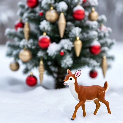 Winter scene with deer figurine by tree