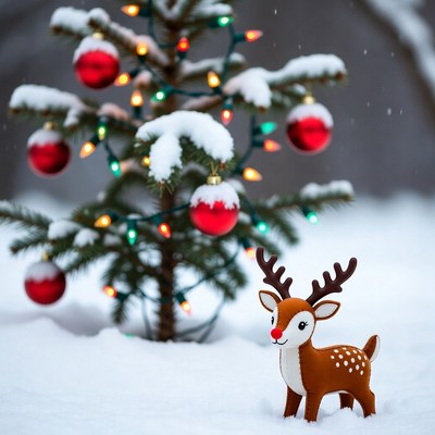 Winter decoration with reindeer and tree