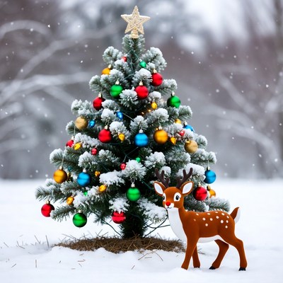 Colorful winter scene with christmas tree