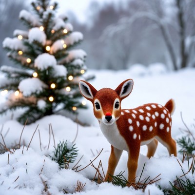 Snowy scene with fawn and tree