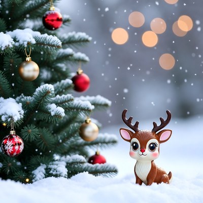 Cute reindeer beside snowy tree