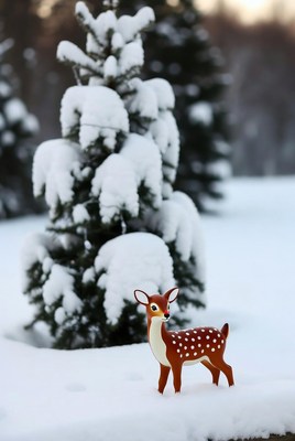Snowy scene with toy deer