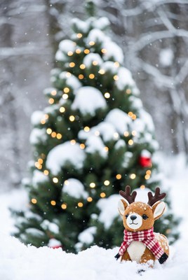 Winter scene with toy reindeer and tree