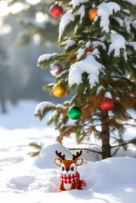 Snowy scene with a decorated tree