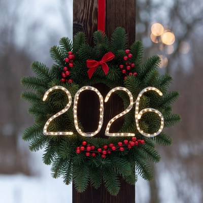 Holiday wreath with lights and year 2026