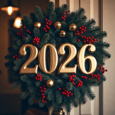 Holiday wreath with golden 2026