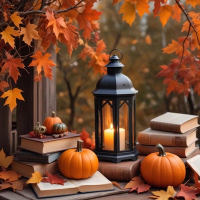 Cozy autumn scene with pumpkins