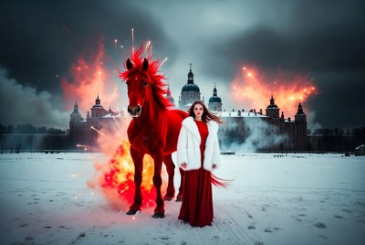 Red horse and woman in winter scene