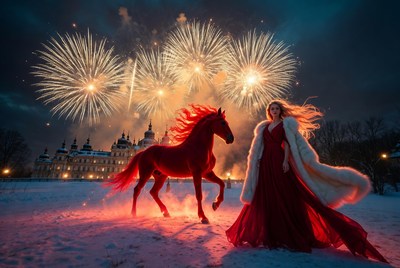 Red horse and woman at fireworks display