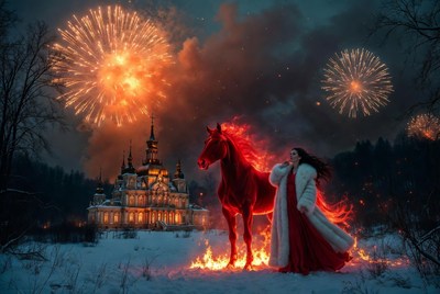Magical winter scene with fireworks