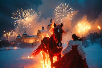 Fireworks and horse at winter festival