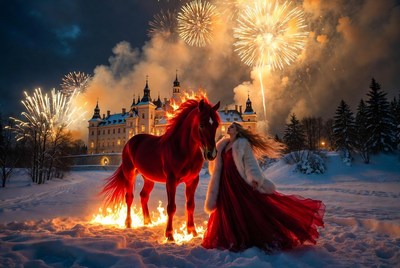 Festive night with horse and fireworks